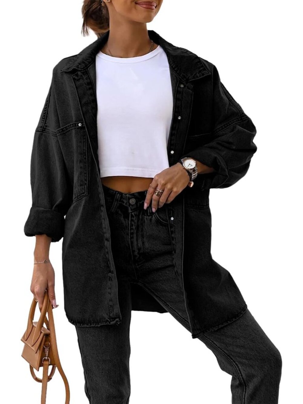 Women’s Black Oversized Button Down Long Shirt Pocket Denim Jean Jacket Coat